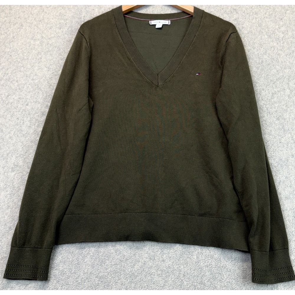 Tommy Hilfiger Womens Sweater Olive Green V-Neck Fine Knit Long Sleeve Comfy L